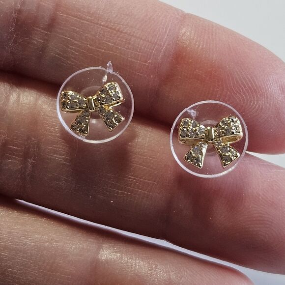 14k Gold Over Sterling Dainty Bow Rhinestone Earrings - Picture 1 of 12